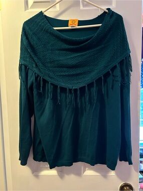 Ruby Rd. Teal Off-Shoulder Fringe-Trim Sweater